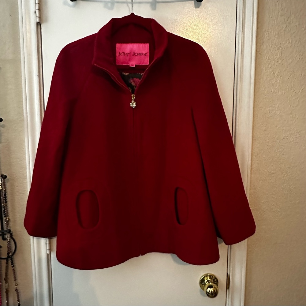 BETSEY JOHNSON Cape Swing Coat‎ Red Wool Blend Full Zip W/Pockets Size Medium